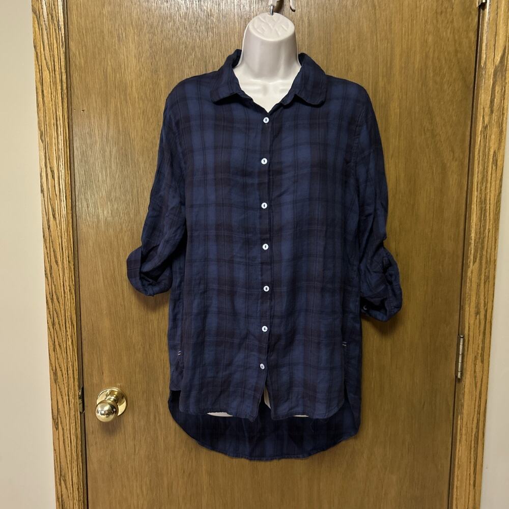 SUNDRY sz 0 Shirt Plaid Button-Up HIGH-LOW HEM Tunic OVERSIZED - BLUE Purple G26
